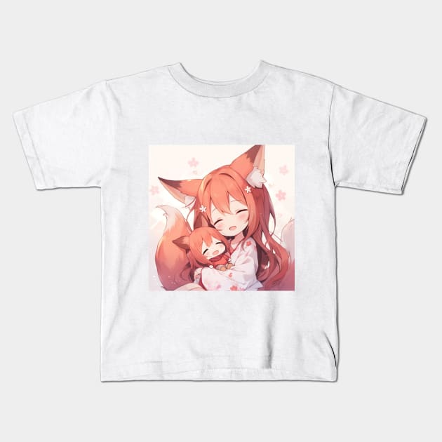 Mom Fox and her kid anime Kids T-Shirt by WabiSabi Wonders